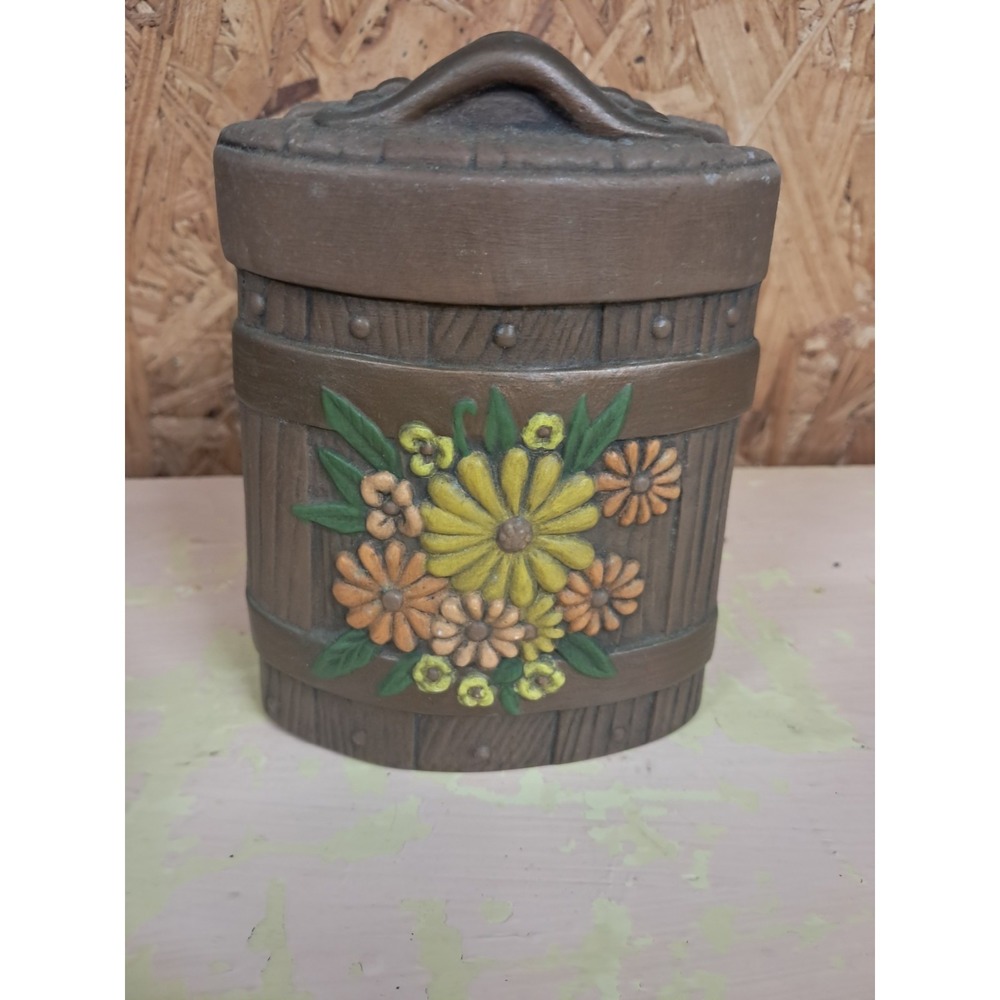 Vintage 1977 Ceramic Hand Painted Floral Daisy Barrel Napkin Holder Cottage Core